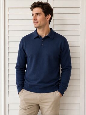 Collar & Co Men's Bellagio Australian Merino Wool Navy 3 buttons Polo Knit